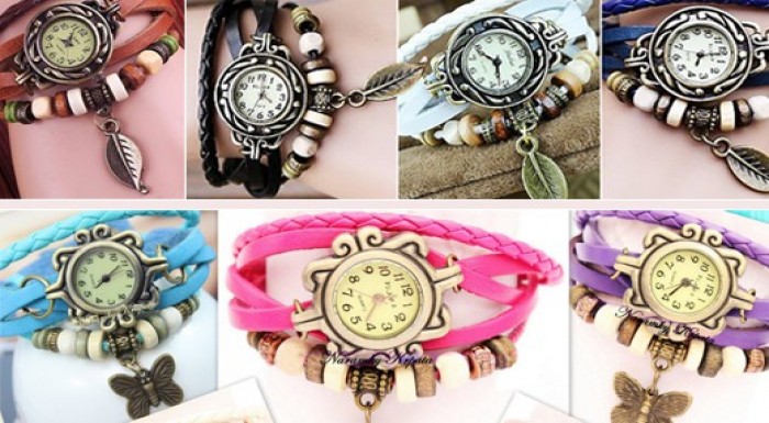 Retro hodinky s koženým náramkom, príveskom a korá