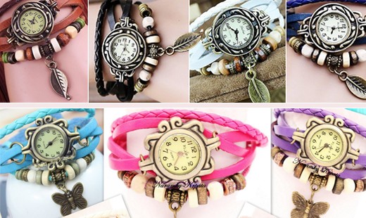 Retro hodinky s koženým náramkom, príveskom a korá