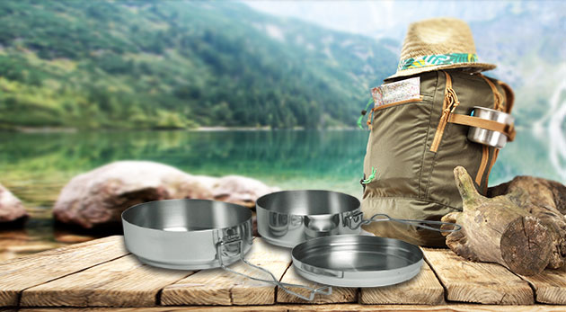 Trojdielny kempingový riad z kvalitného nerezu
