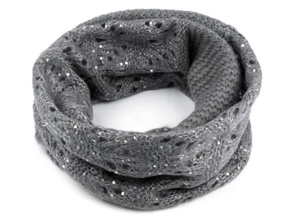 Dámsky pletený nákrčník s flitrami - šedá farba