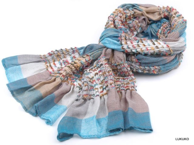 dámsky preplietaný a žabkovaný šál - azurová