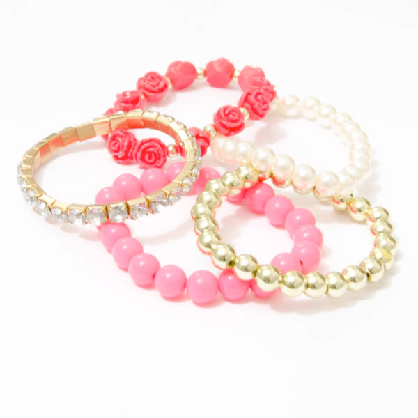 Perlový náramok s ružičkami - ružová farba