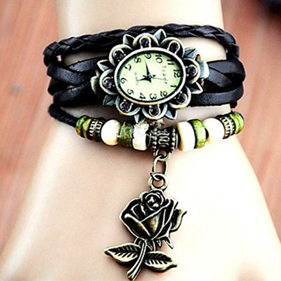 Retro hodinky s ružou, farba čierna