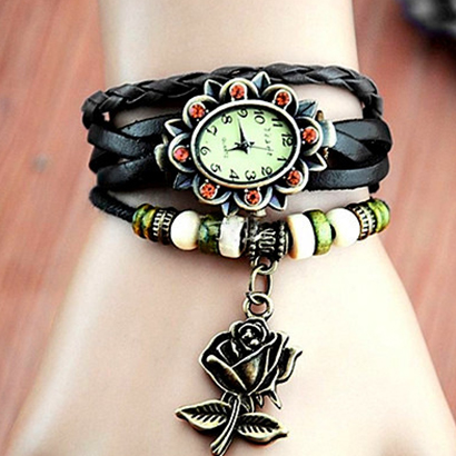 Retro hodinky s ružou, farba hnedá