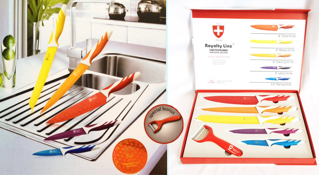Sada 5 farebných nožov s antiadhéznym povrchom + škrabka - Royalty Line Switzerland