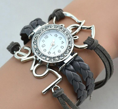 Infinity náramkové hodinky, čierne Love so srdiečkami