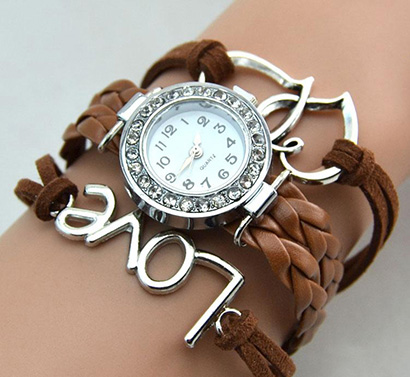 Infinity náramkové hodinky, hnedé Love so srdiečkami