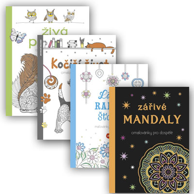 Štvorbalenie antistresových omaľovánok Živá příroda, Kočičí život, Láska, radosť, šťastie a Zářivé mandaly