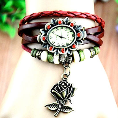 Retro hodinky s ružou, farba červená