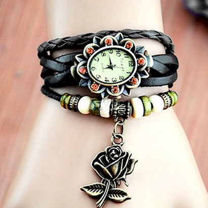 Retro hodinky s ružou, farba hnedá