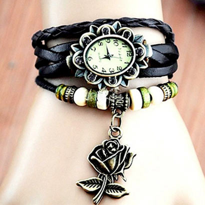 Retro hodinky s ružou, farba čierna