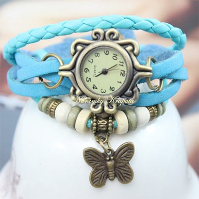 Retro hodinky s motýlikom, farba tyrkysová