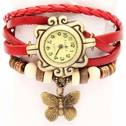Retro hodinky s motýlikom, farba červená