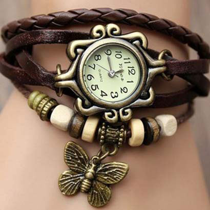 Retro hodinky s motýlikom, farba hnedá