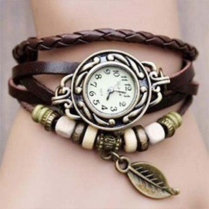 Retro hodinky s listom, farba hnedá