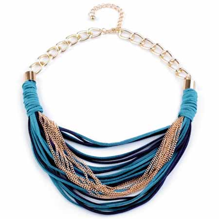 Náhrdelník z kožených remienkov a kovových retiazok - tyrkysová farba