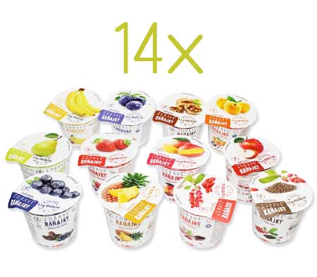 Zdravé raňajky na 14 dní - príchute: 2 x ananás, goji, hruška, jablko, jahoda, mango, 2 x marhuľa, slivka, vlašský orech, banán, chia, čučoriedka