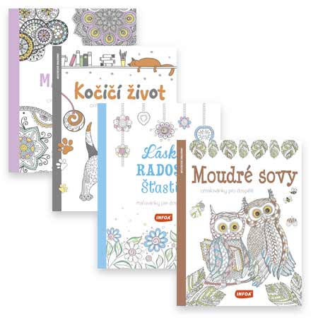 Štvorbalenie antistresových omaľovánok Moudré sovy, Kočičí život, Láska, radosť, šťastie a Kouzelné mandaly