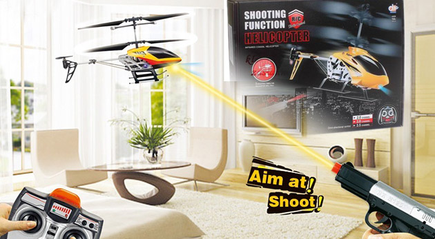 Vrtuľník na diaľkové ovládanie s pištoľou s infračerveným lúčom na zostrelenie