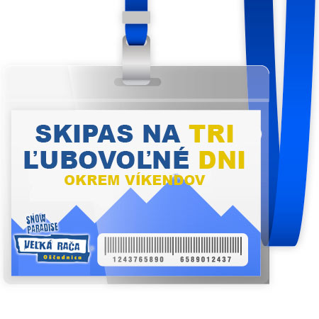 3-dňový neprenosný skipas pre 1 osobu  - možnosť využiť počas troch ľubovoľných pracovných dní (platí iba v termíne 10.1. - 2.2.2017 a od 20.3. 2017 do konca zimnej sezóny počas pracovných dní)