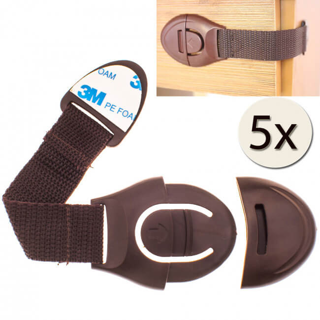 Bezpečnostná zábrana na skrine a zásuvky 5ks - tmavohnedá farba