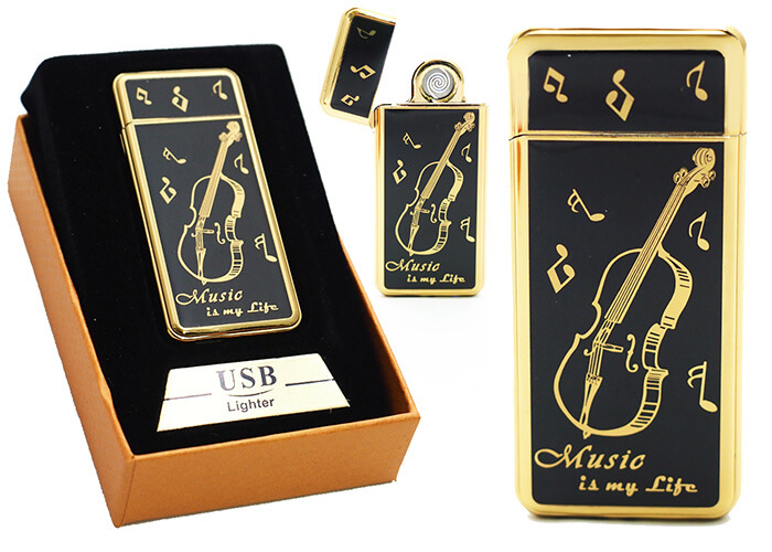 Zapaľovač s USB nabíjaním - Music is my life čierny