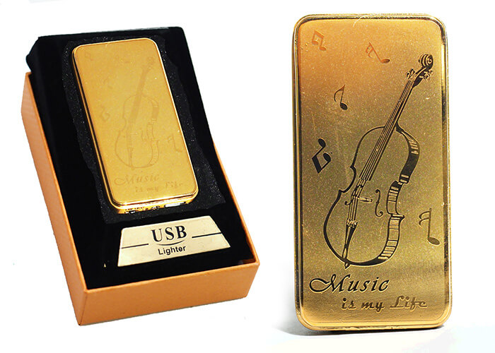 Zapaľovač s USB nabíjaním - Music is my life zlatý
