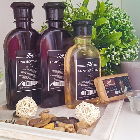 Balíček kozmetiky Hallen Mollen - variant A (HM sprchovací gél exclusiv 200 ml + HM šampón exclusiv 200 ml + HM mandľový olej 150 ml + HM glycerínové africké mydlo exclusiv)