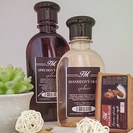 Balíček kozmetiky Hallen Mollen - variant C (HM sprchovací gél exclusiv 200 ml + HM mandľový olej exclusiv 150 ml + HM glycerínové africké mydlo exclusiv)