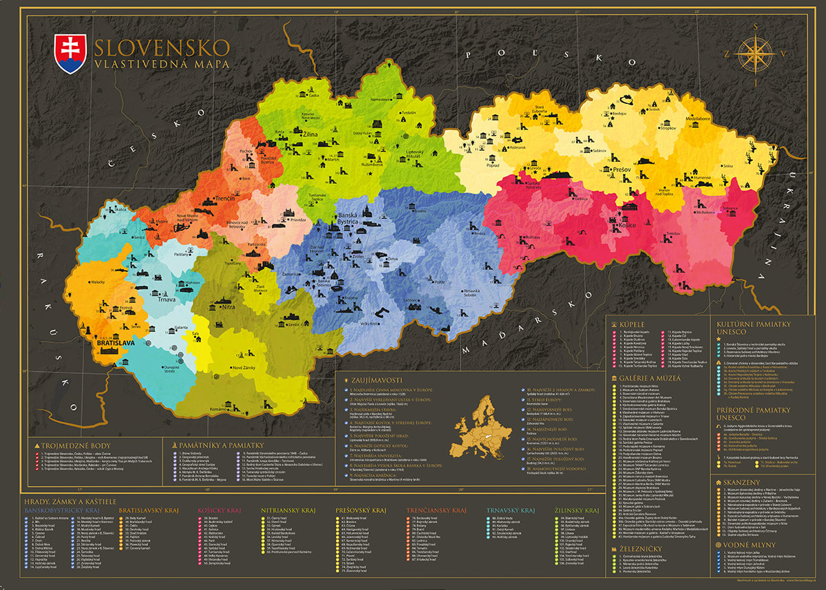 Mapa Slovenska - vlastivedná (poster bez stieracej vrstvy)