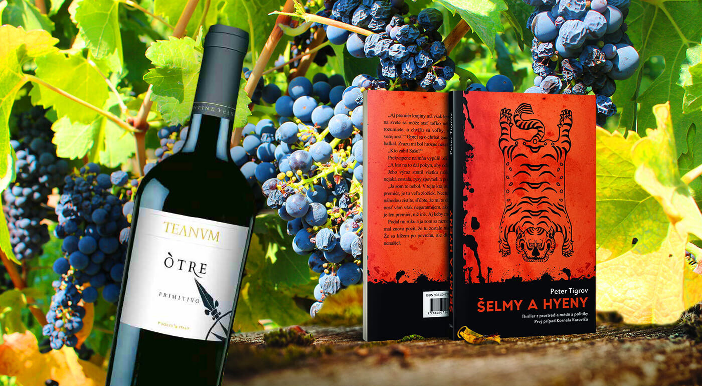 Víno Primitivo Òtre s knihou Šelmy a hyeny