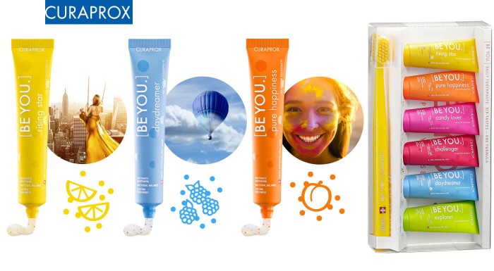 Bieliace zubné pasty Curaprox s kefkou