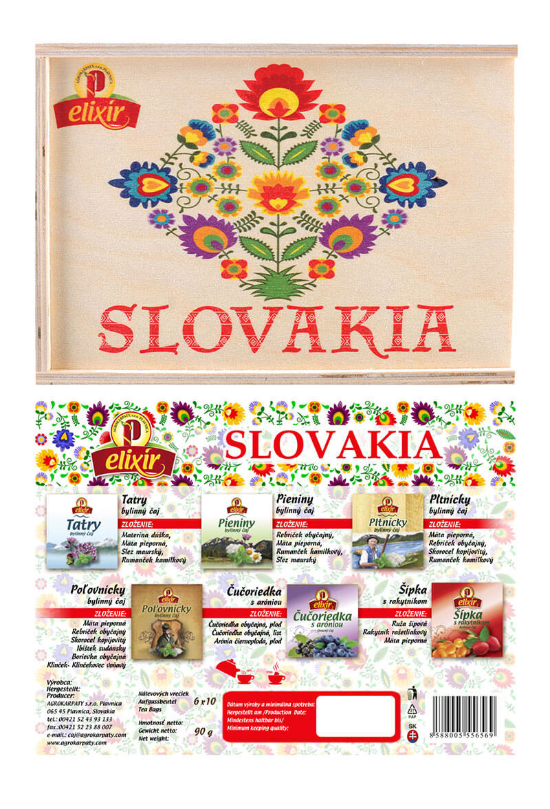Agrokarpaty Slovakia Elixír drevená čajová kazeta - svetlý vzor (10x6 druhov čajov)