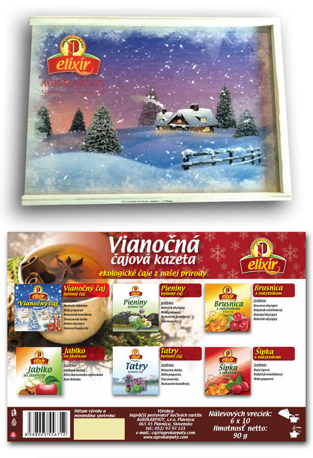 Agrokarpaty Zasnežená krajina Elixír drevená čajová kazeta (10x6 druhov čajov)