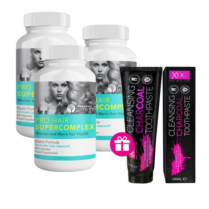 Patagonia Forest: Pro Hair Supercomplex (2x balenie 60 kapsúl) + darček Bieliaca zubná pasta s aktívnym uhlím