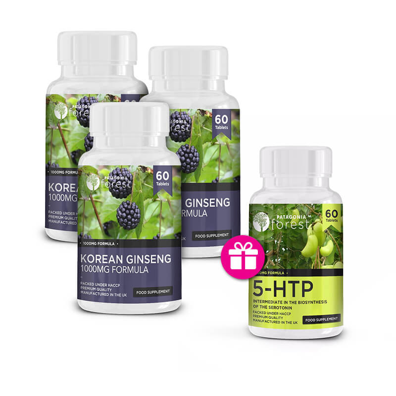Patagonia Forest: 3x Kórejský ženšen 60 tabliet + 1x 5HTP 60 tabliet GRÁTIS