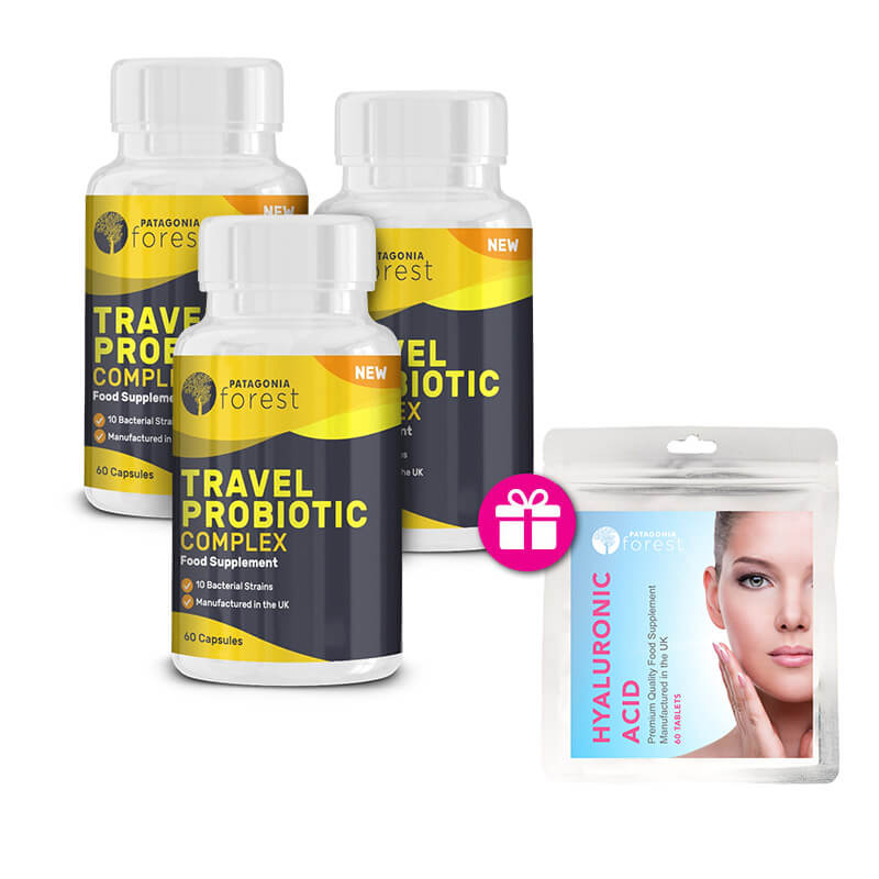 Patagonia Forest: 3x Travel Probiotic Complex 60 tabliet + 1x Kyselina hyaluronová 60 tabliet GRÁTIS