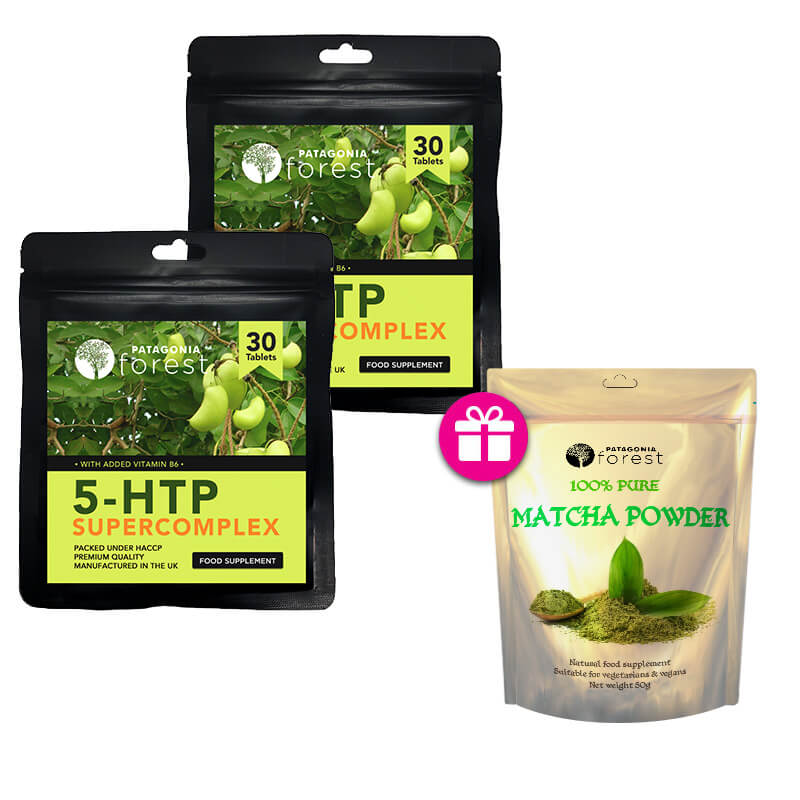 Patagonia Forest: Prírodný doplnok 5-HTP 100 mg (2x balenie 30 tabliet) + darček 100% Matcha čaj (50 g)