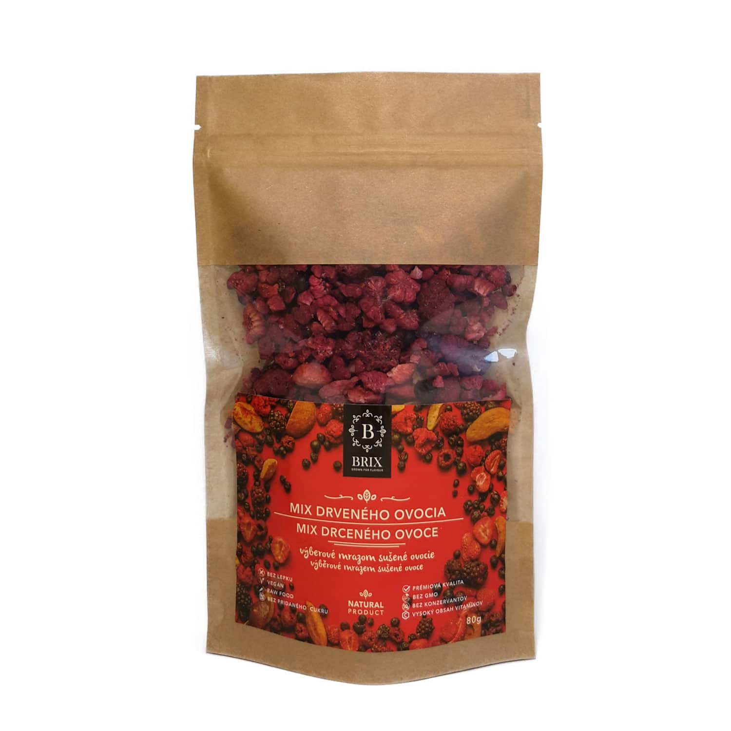 BRIX Mrazom sušená ovocná drť - mix 8 druhov ovocia (slivka, višňa, černica, marhuľa, čierna ríbezľa, jahoda, malina, čučoriedka) 80 g