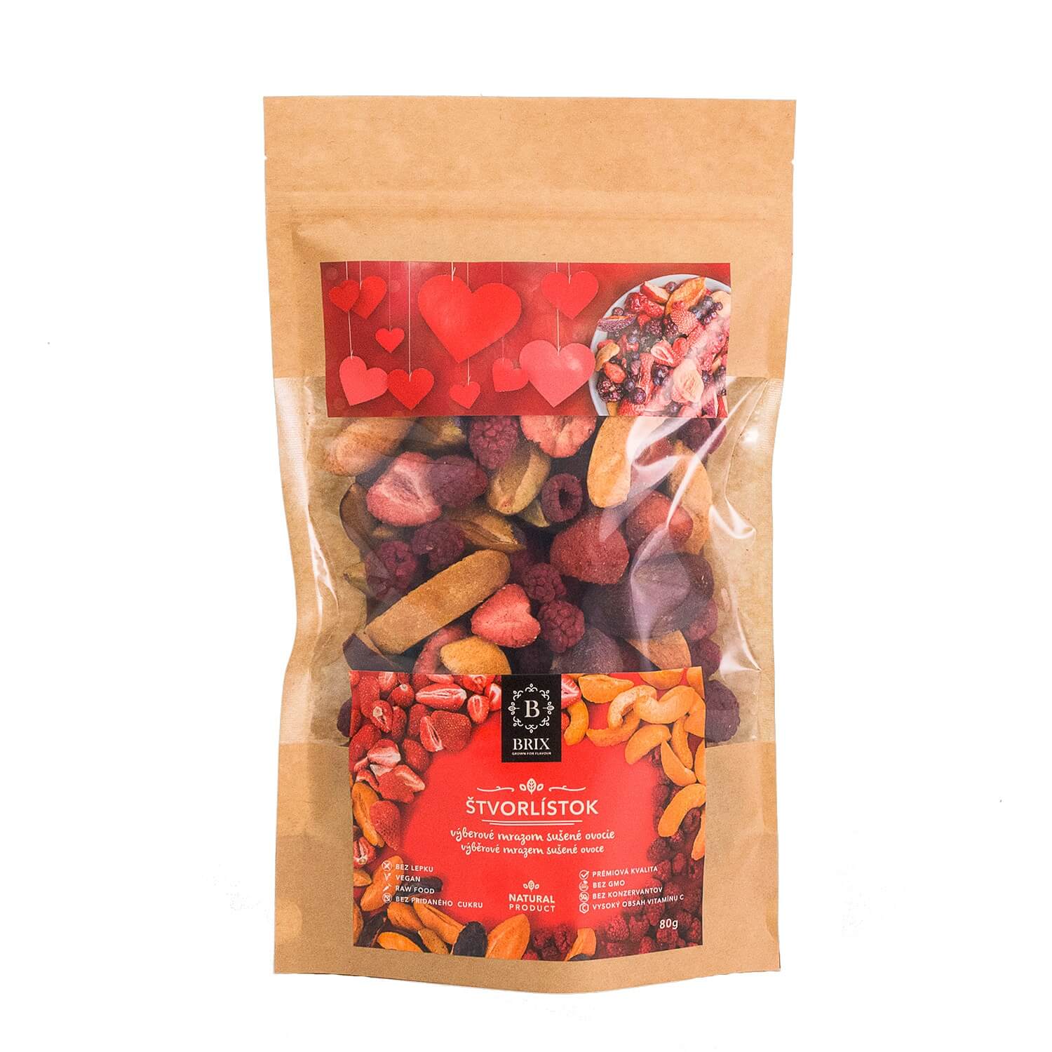 BRIX Štvorlístok - mrazom sušený mix 4 druhov ovocia (jahoda, malina, marhuľa, slivka) 80 g