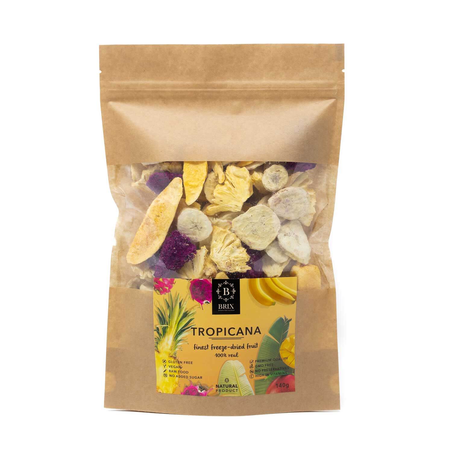 BRIX Tropicana - mrazom sušený mix 4 druhov ovocia (banán, ananás, pitahaya, mango) 140 g