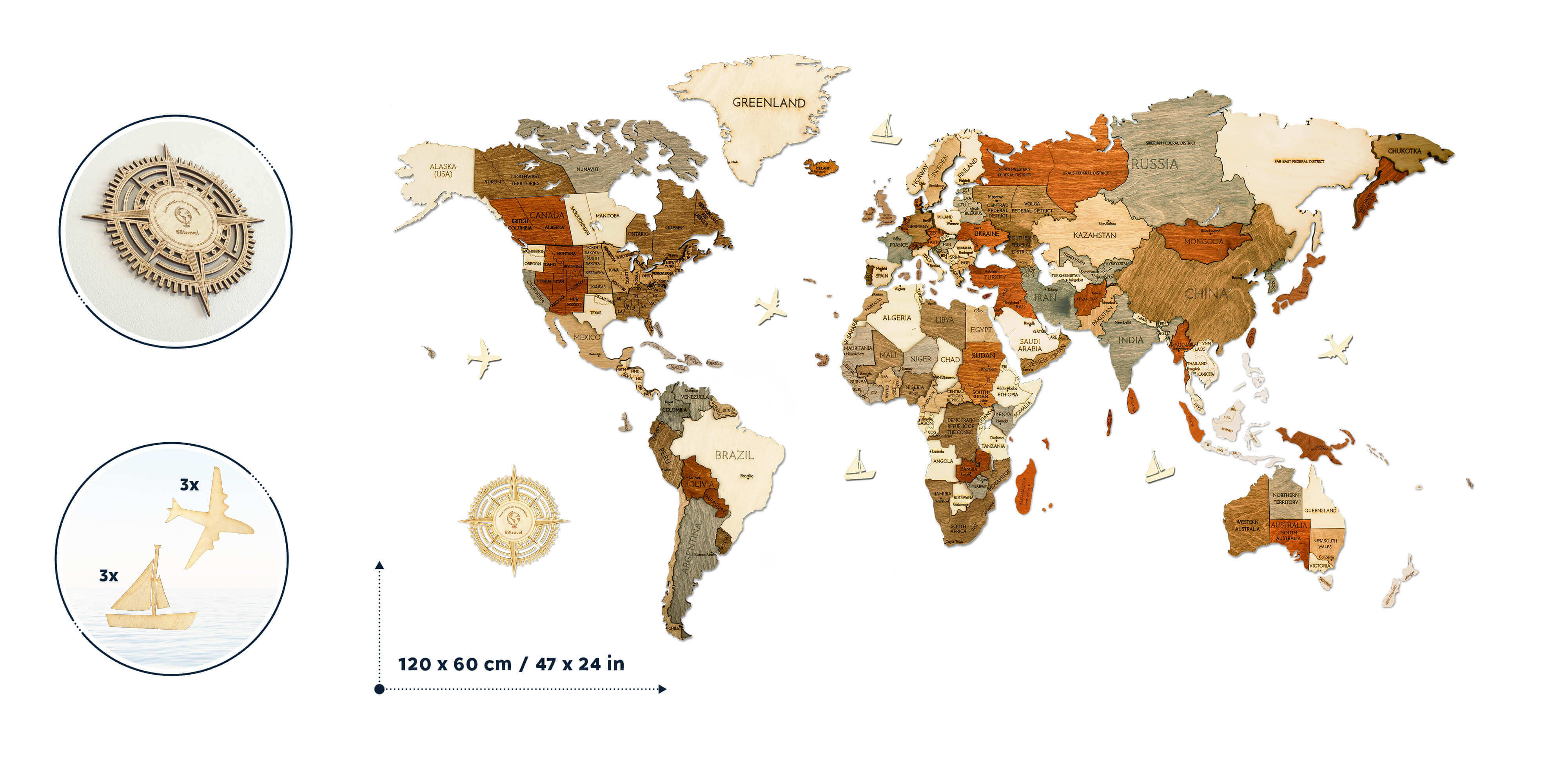 Drevená mapa sveta L štandard (rozmer 120x60 cm)