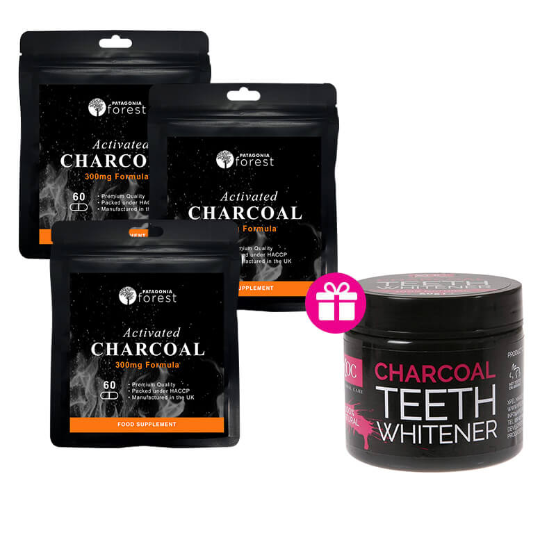 Patagonia Forest: 3x Aktívne uhlie 300 mg (balenie 60 tabliet) + darček Aktívne uhlie na bielenie zubov