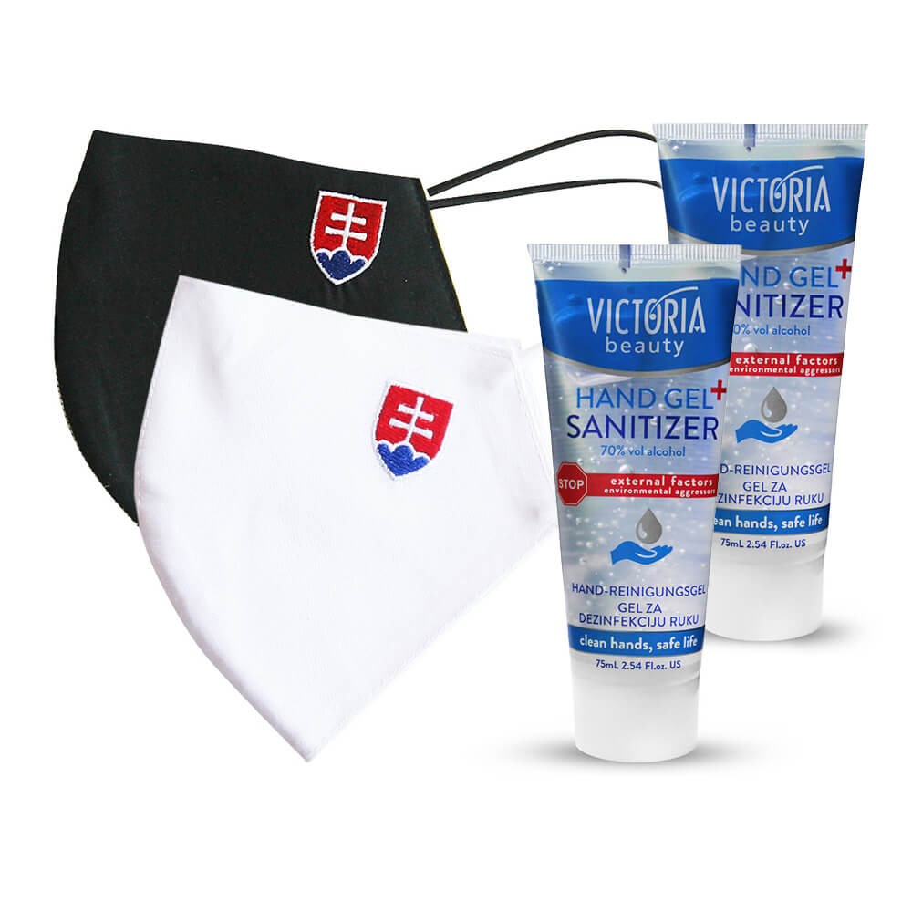 Rúško - maska so slovenským znakom - biela (veľkosť M, dámska) + čierna (veľkosť L) +  2x dezinfekčný gél na ruky