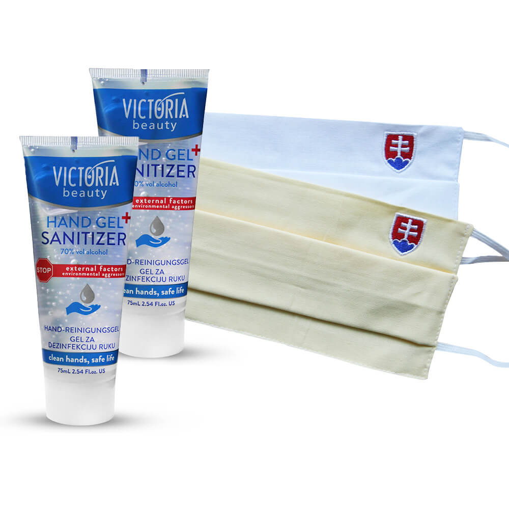 Rúško obdĺžnikové so slovenským znakom - biele + žlté + 2x dezinfekčný gél na ruky