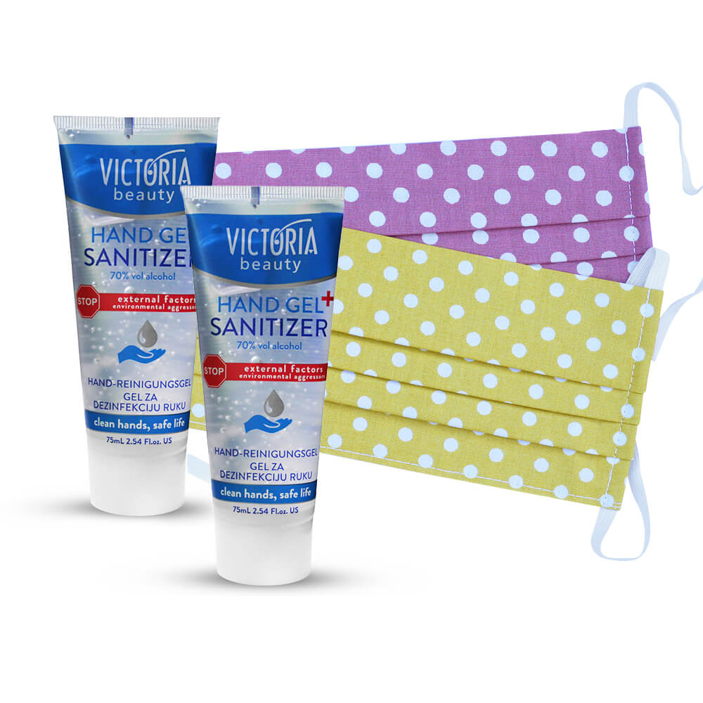 2x bavlnené rúško (žlté bodkované a ružové bodkované) + 2x dezinfekčný gél na ruky