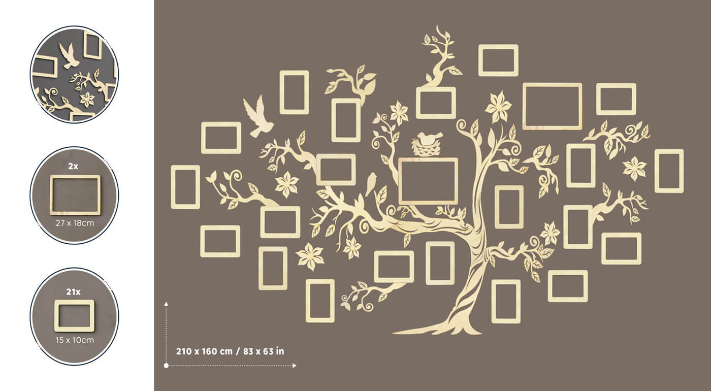 Drevený rodostrom s 23 fotorámikmi 210 x 160 cm - svetlé prírodné drevo