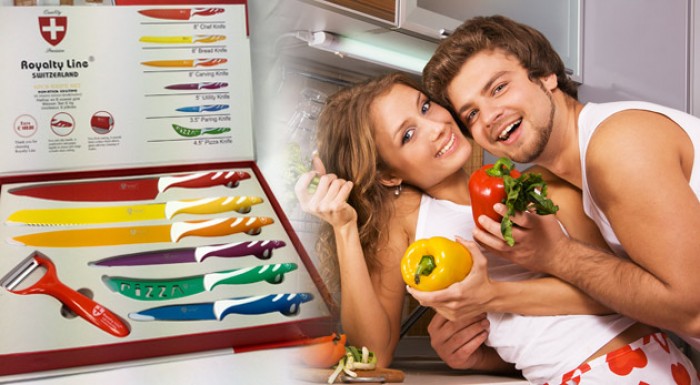 Sada 6 farebných nožov s antiadhéznym povrchom + škrabka. Royalty Line Switzerland