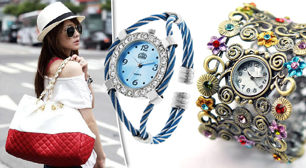 Atraktívne dámske doplnky! Trendový náramok Swarovski, kabelka a náramkové hodiny.