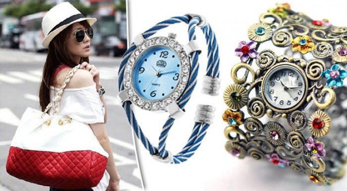 Atraktívne dámske doplnky! Trendový náramok Swarovski, kabelka a náramkové hodiny.